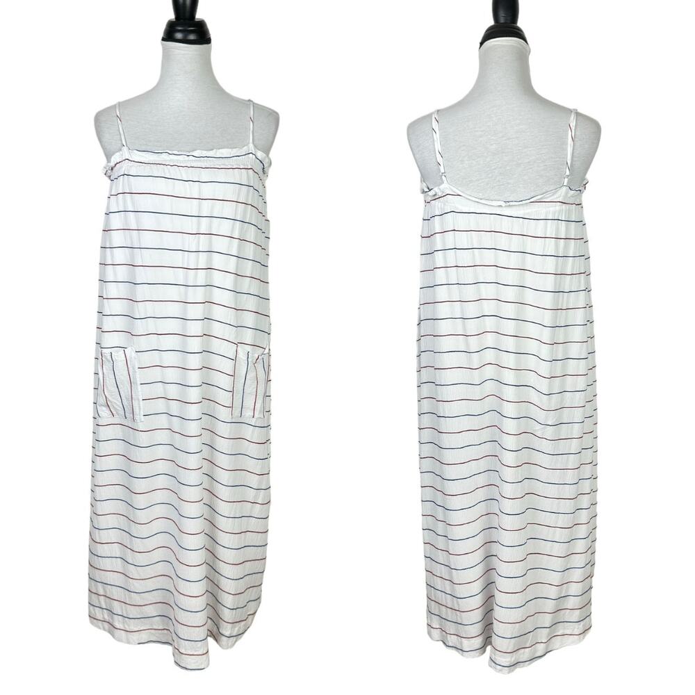 The Good Jane White Crepe Blue Red Stripe Summer Casual Americana Midi Dress